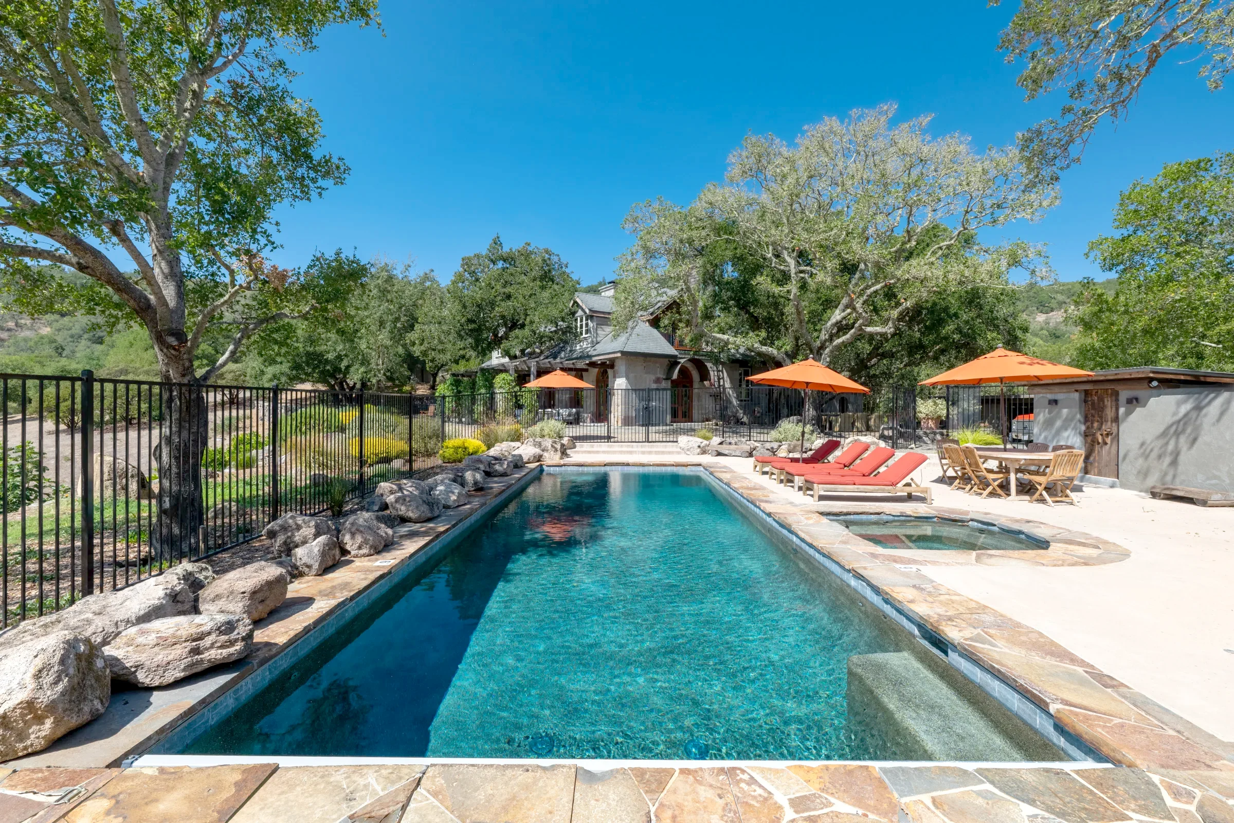 The pool under the oak, looking out to the hills