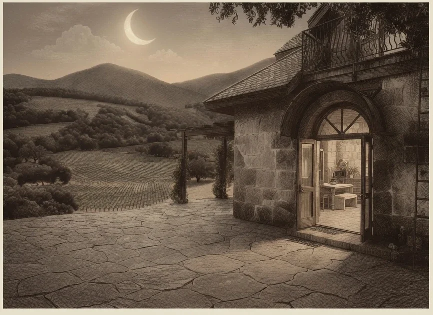 An engraving of the Stone House doorway at night, the terrace and the vineyard under a crescent moon