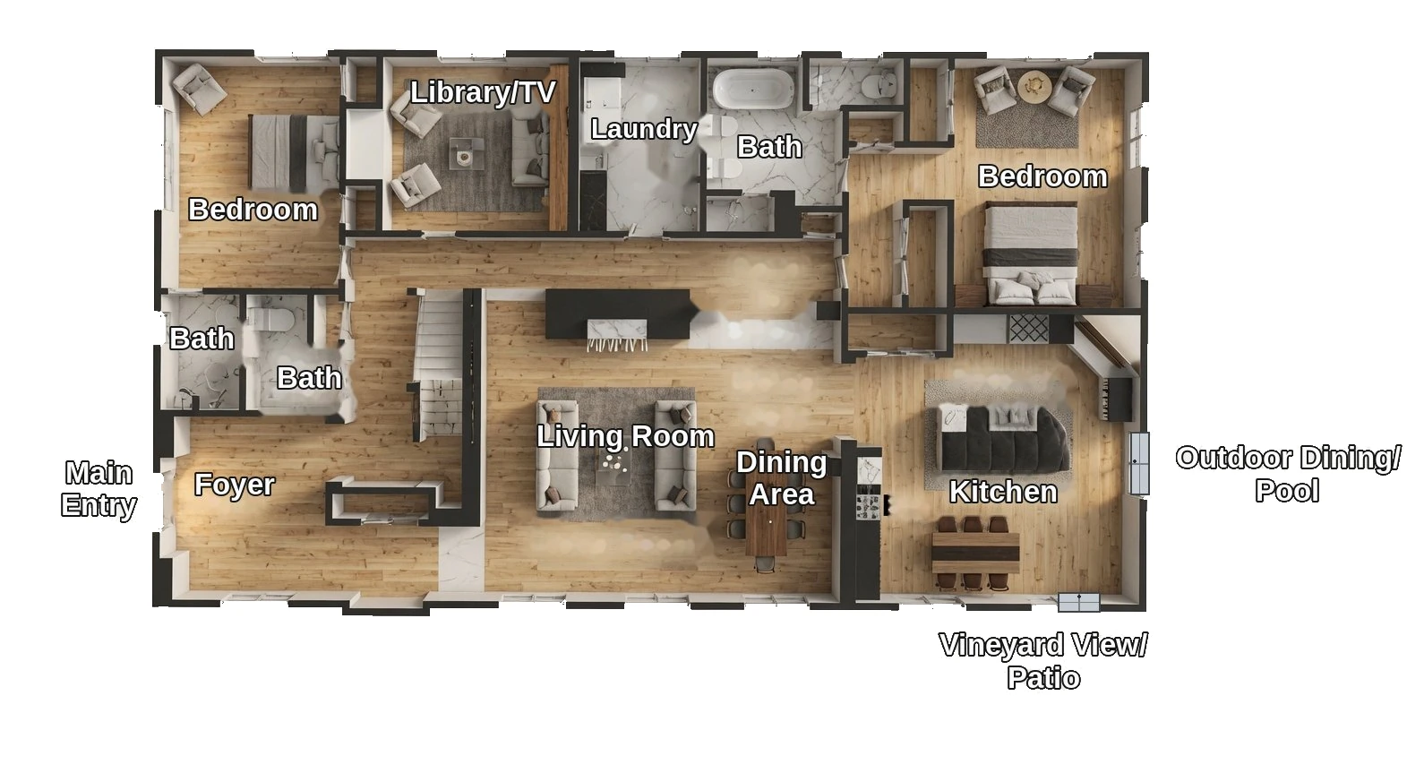Stonewood Estate first-floor plan — main entry, foyer, living room, dining area, kitchen, two bedrooms and baths