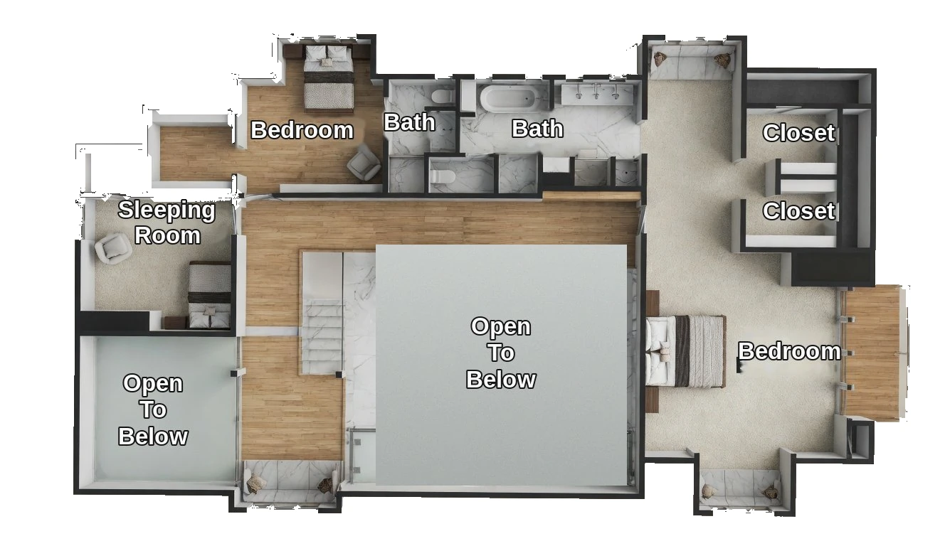 Stonewood Estate second-floor plan — bedrooms, sleeping room, baths, closets, and the open-to-below over the great room